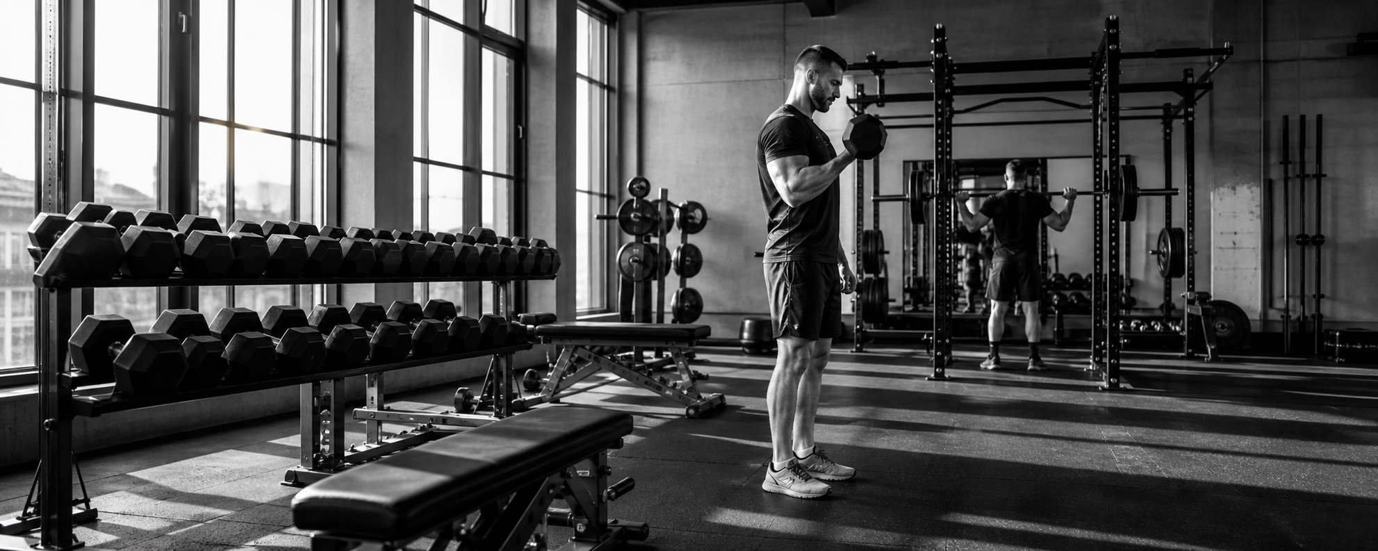 AI-generated black-and-white gym training scene.